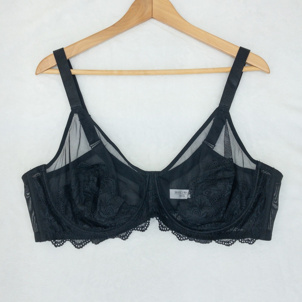 Shecurve Bra Womens 44D Black Full Coverage Lace Minimizer Mesh Sheer Unlined